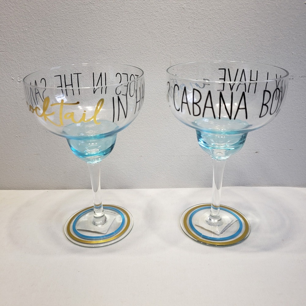Mud Pie Margarita Glass Set Blue Gold Toes In Sand Cabana Boy